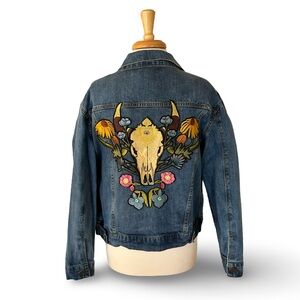 “Wild And Free" Embroidered Jean Jacket by Denim and Bone Steer Skull & Flowers